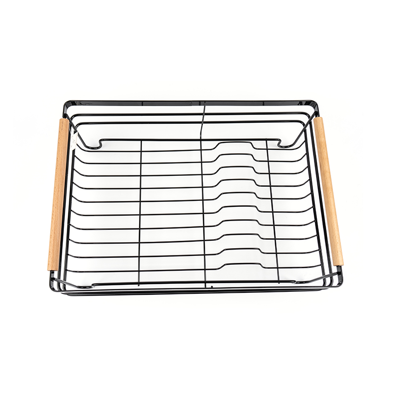 Fém edényszárító állvány fa fogantyúkkal